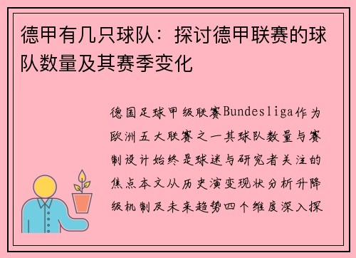 德甲有几只球队：探讨德甲联赛的球队数量及其赛季变化