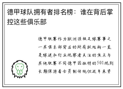 德甲球队拥有者排名榜：谁在背后掌控这些俱乐部